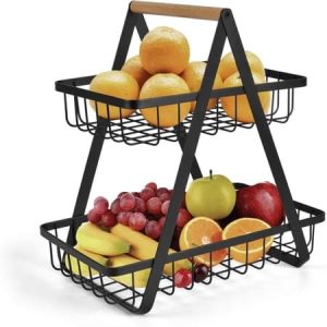 2 Layer Fruit Basket Wooden Handle