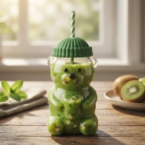 Teddy Bear Shaped Tumbler Beverage Bottle With Top Hat Cap Lid Straw 500ml